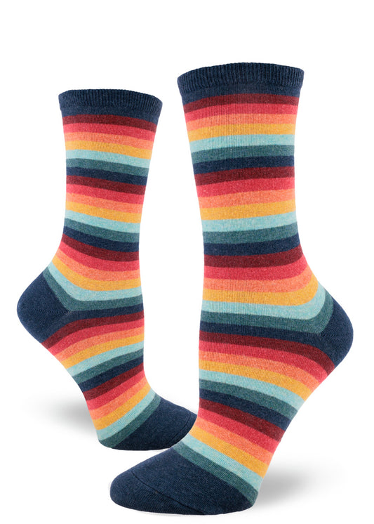 Vintage striped crew socks for women with 1970s style color palette in muted blue, teal, red, orange and yellow.