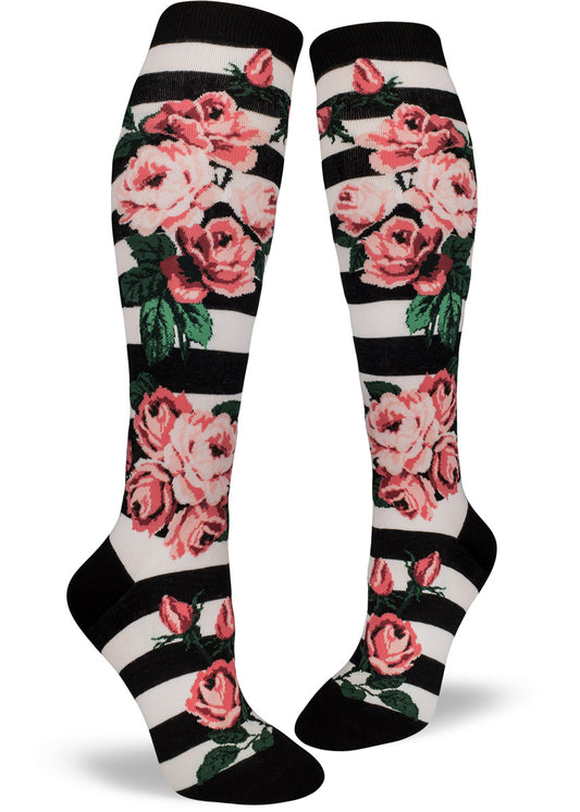 Black and white striped floral knee socks with large pink roses.