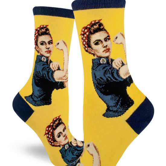Yellow crew socks for women with Rosie the Riveter in a blue shirt with a red and white bandana, making a fist with a raised bicep.