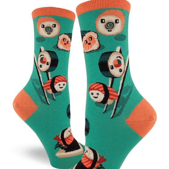 Fun teal women's crew socks with allover cute cartoon sushi smiling, playing with chopsticks and swimming in soy sauce dishes.