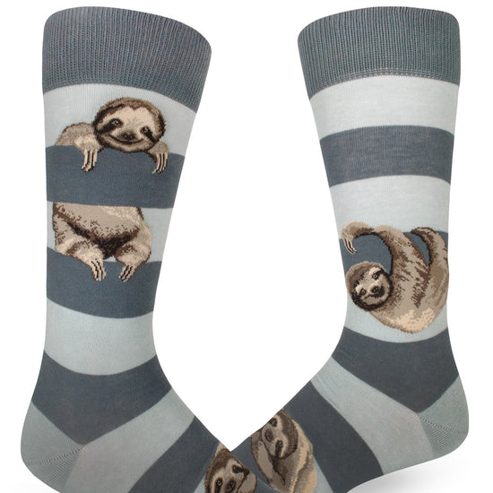 Gray striped crew socks for men with realistic sloths hanging on stripes as if they were tree branches.