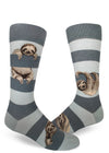 Gray striped crew socks for men with realistic sloths hanging on stripes as if they were tree branches.