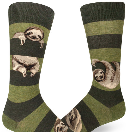 Green striped crew socks for men with large realistic sloths lounging on the stripes.