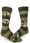 Green striped crew socks for men with large realistic sloths lounging on the stripes.
