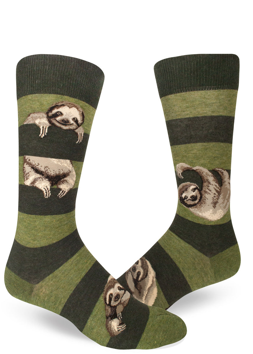 Green striped crew socks for men with large realistic sloths lounging on the stripes.