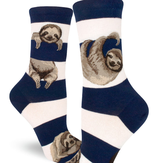 Navy and white crew socks for women with cute realistic sloths relaxing and swinging from the blue stripes like they were branches.