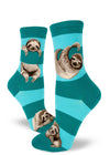 Teal women's crew socks with realistic sloths hanging from and resting on stripes as though they were tree branches.