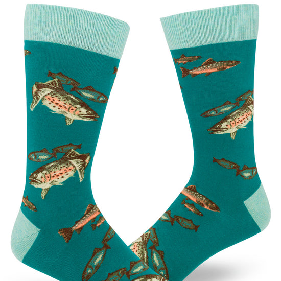 Teal colored men's crew socks with allover pattern of rainbow trout swimming.