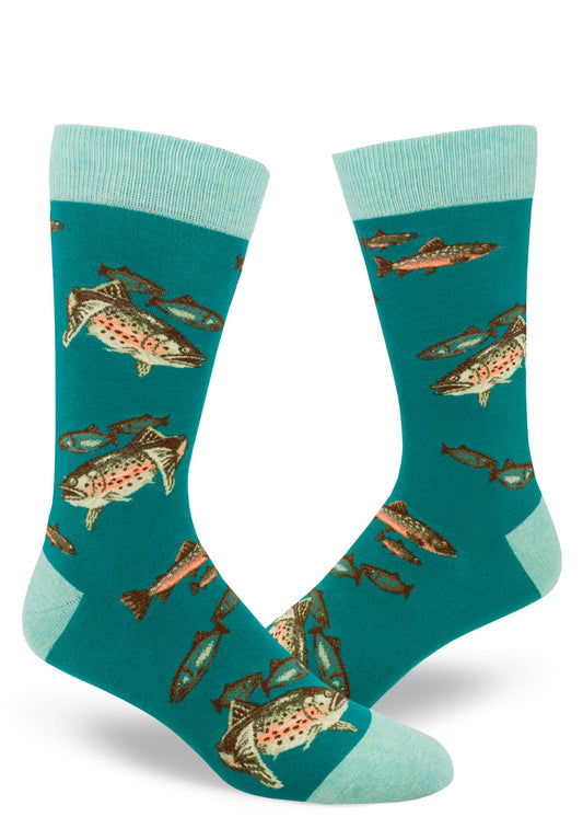 Teal colored men's crew socks with allover pattern of rainbow trout swimming.