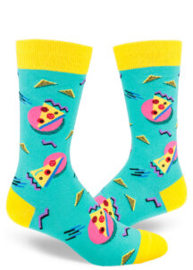 Retro-inspired teal men's crew socks boast a playful pizza motif, accented by vibrant geometric shapes reminiscent of 80s and 90s fashion trends.