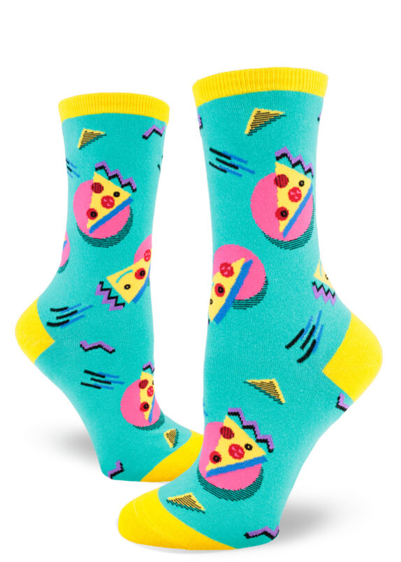 Retro-inspired teal women's crew socks boast a playful pizza motif, accented by vibrant geometric shapes reminiscent of 80s and 90s fashion trends.