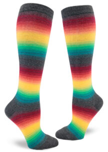 Dark rainbow gradient stripe knee-high socks with a charcoal gray base.